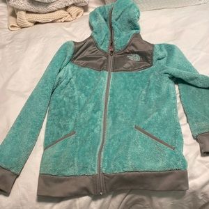 North Face teal fuzzy zip up size L (kids)